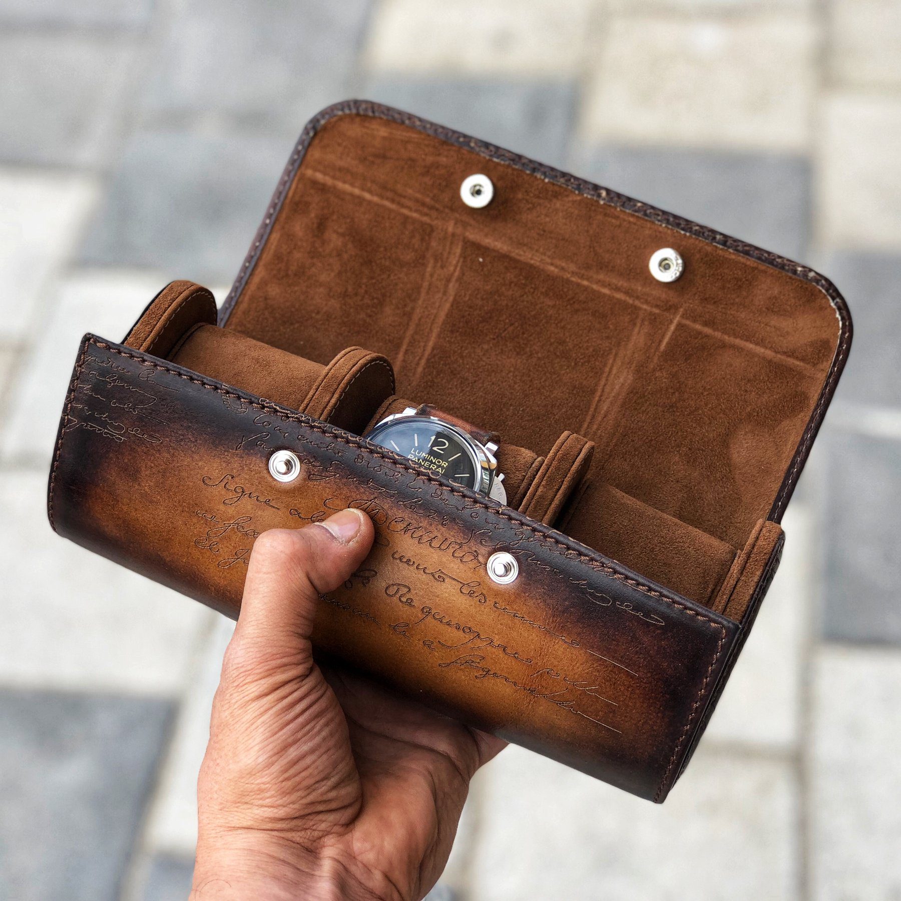 Galata Scripto Patina Light Tan Watch Roll for Three Watches