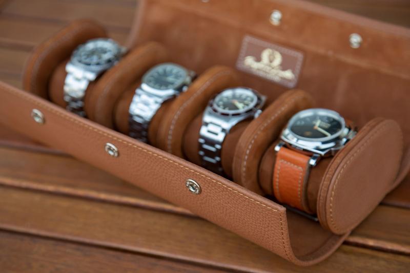 Galata Saffiano Camel Watch Roll for Four Watches