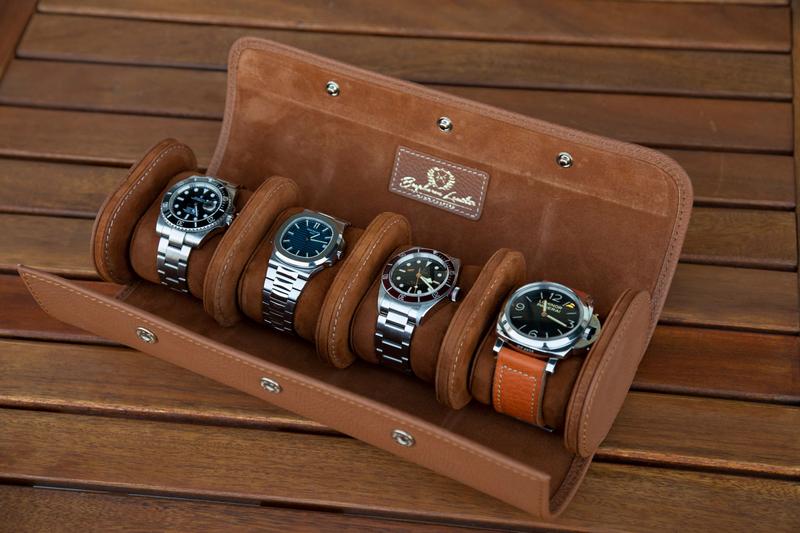 Galata Saffiano Camel Watch Roll for Four Watches
