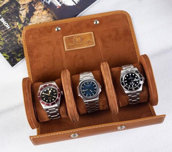 Galata Saffiano Camel Watch Roll for Three Watches
