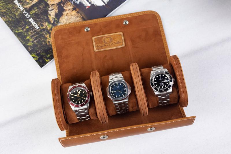 Galata Saffiano Camel Watch Roll for Three Watches