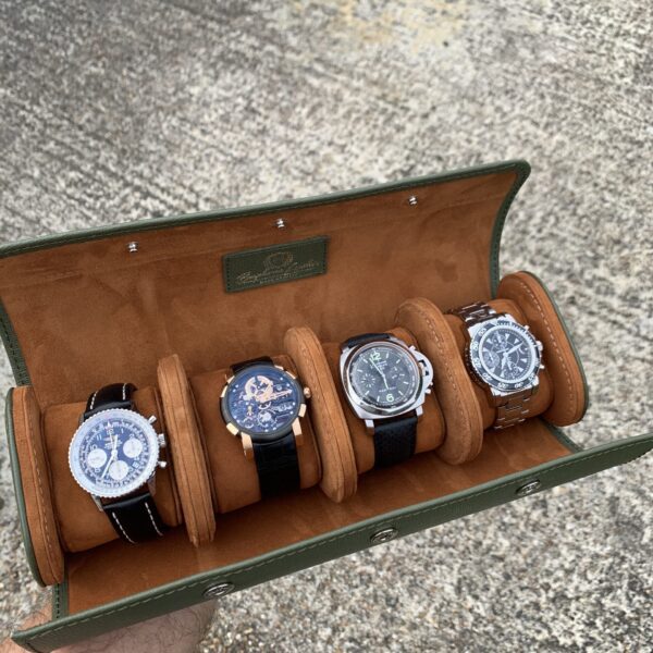 Galata Saffiano English Green Watch Roll for Four Watches