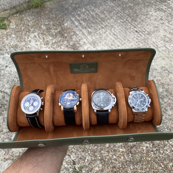 Galata Saffiano English Green Watch Roll for Four Watches