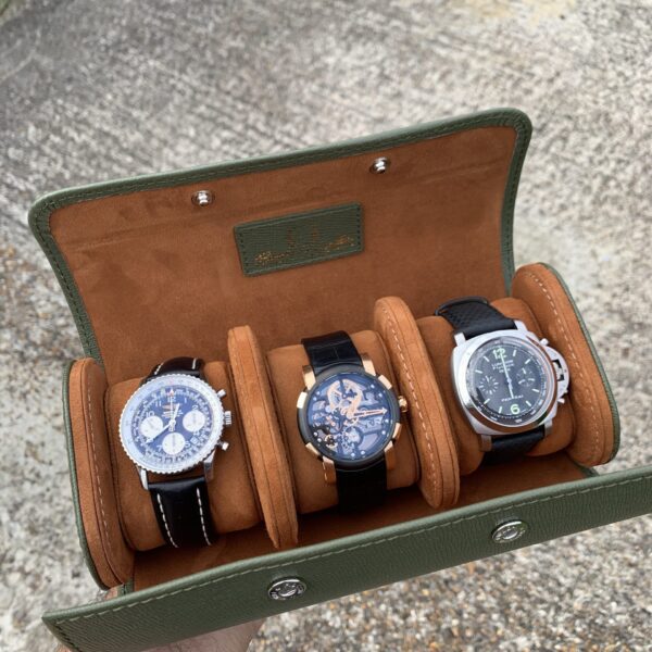 Galata Saffiano English Green Watch Roll for Three Watches