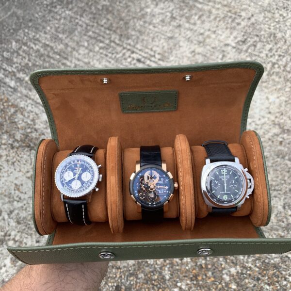 Galata Saffiano English Green Watch Roll for Three Watches