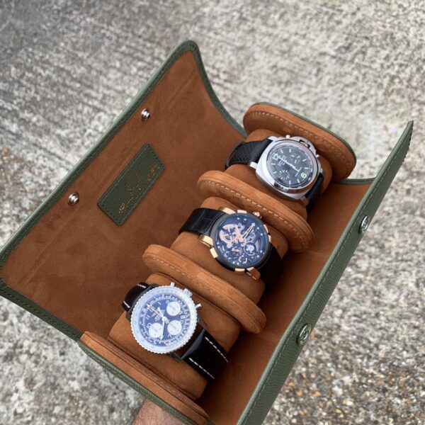Galata Saffiano English Green Watch Roll for Three Watches