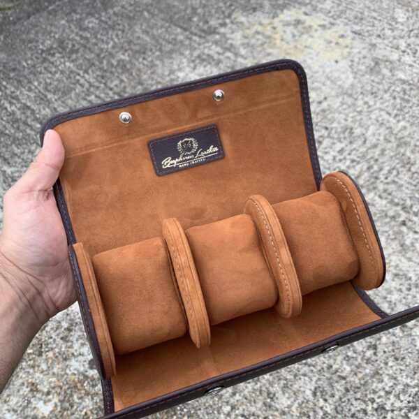 Galata Saffiano Dark Brown Watch Roll for Three Watches