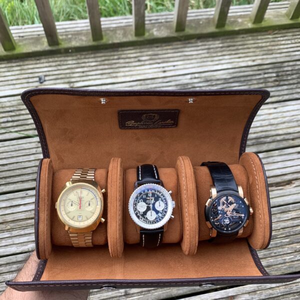 Galata Saffiano Dark Brown Watch Roll for Three Watches