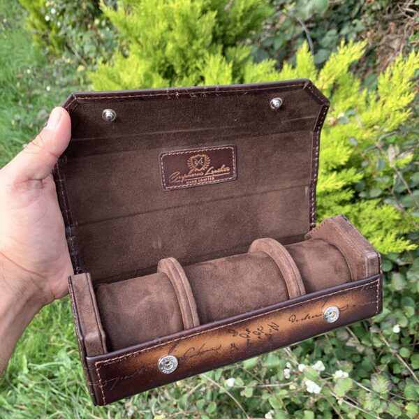 Hexagon Scripto Patina Java Brown Watch Roll for Three Watches