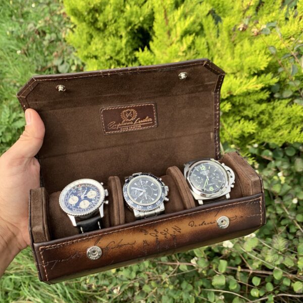 Hexagon Scripto Patina Java Brown Watch Roll for Three Watches