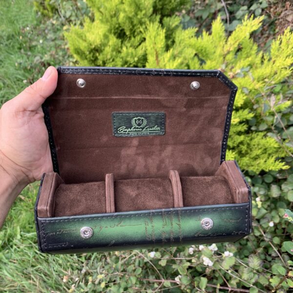 Hexagon Scripto Patina Green Watch Roll for Three Watches