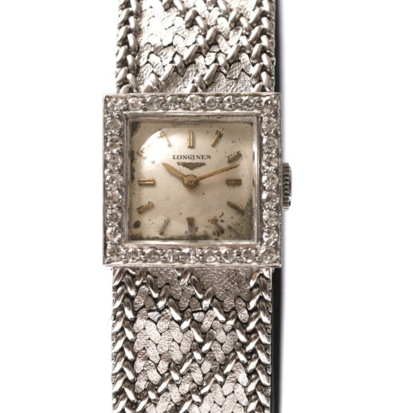 Longines Square Vintage 18k White Gold Bracelet Diamond Bezel 60s Circa