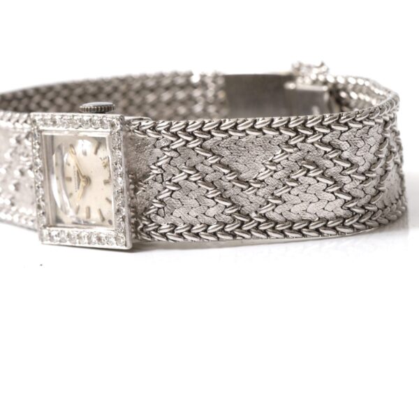 Longines Square Vintage 18k White Gold Bracelet Diamond Bezel 60s Circa