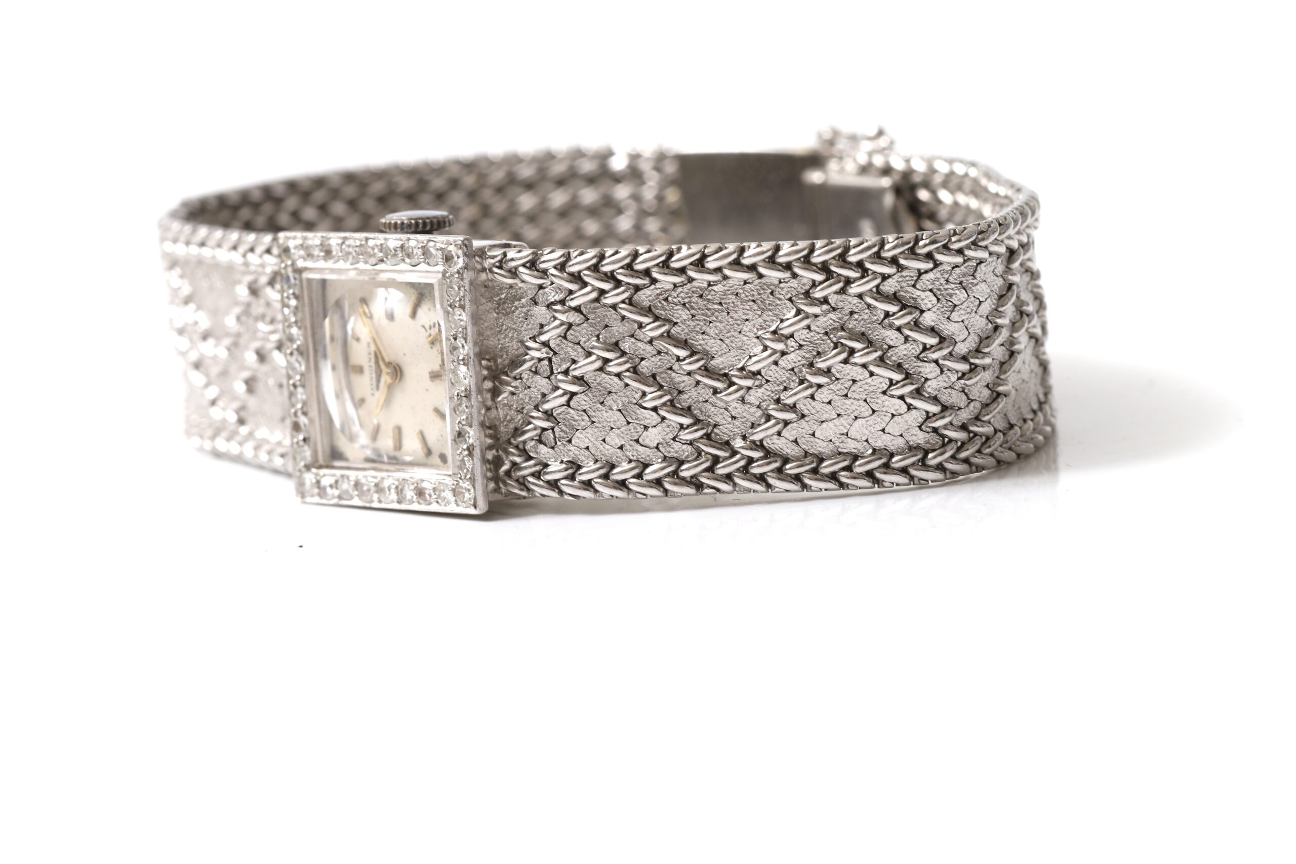 Longines Square Vintage 18k White Gold Bracelet Diamond Bezel 60s Circa Longines Square Vintage 18k White Gold Bracelet Diamond Bezel 60s Circa