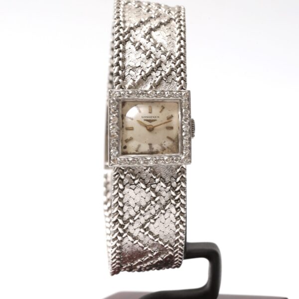 Longines Square Vintage 18k White Gold Bracelet Diamond Bezel 60s Circa