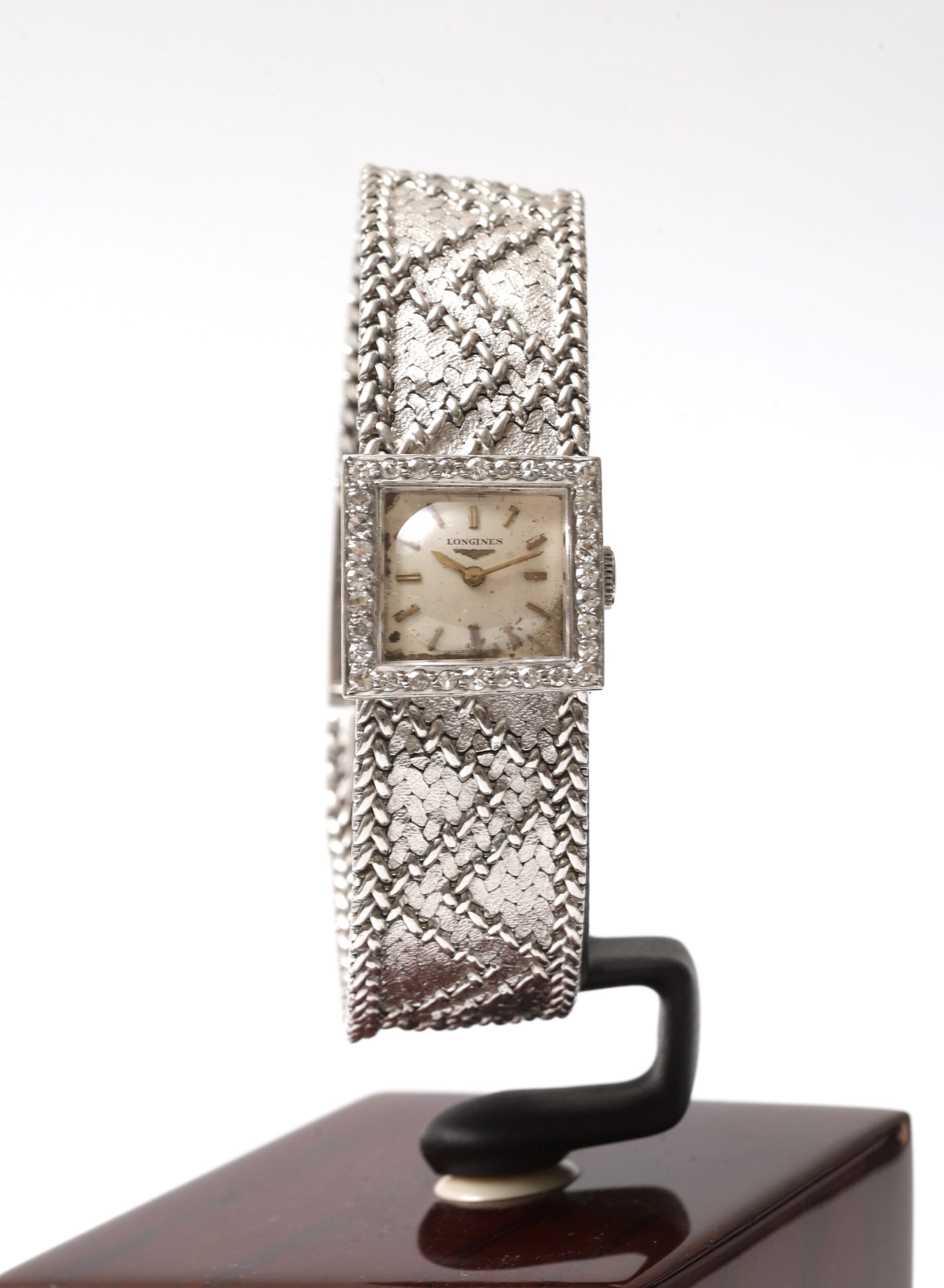 Longines Square Vintage 18k White Gold Bracelet Diamond Bezel 60s Circa Longines Square Vintage 18k White Gold Bracelet Diamond Bezel 60s Circa