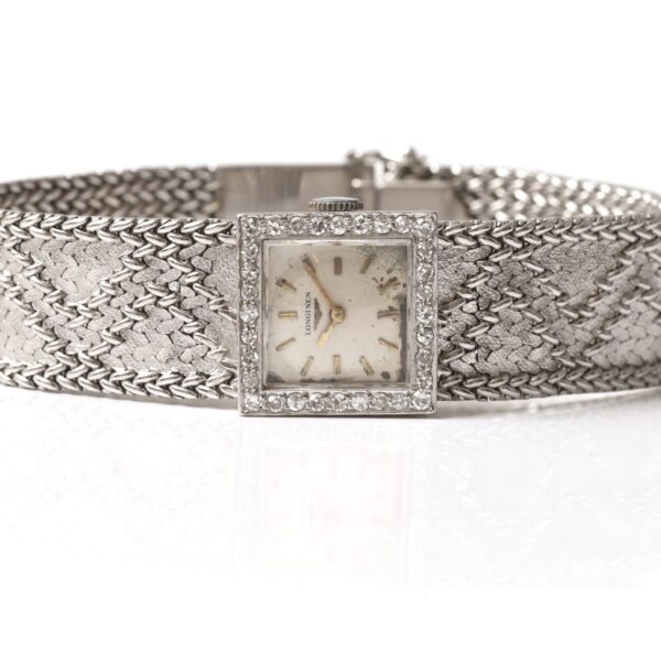 Longines Square Vintage 18k White Gold Bracelet Diamond Bezel 60s Circa