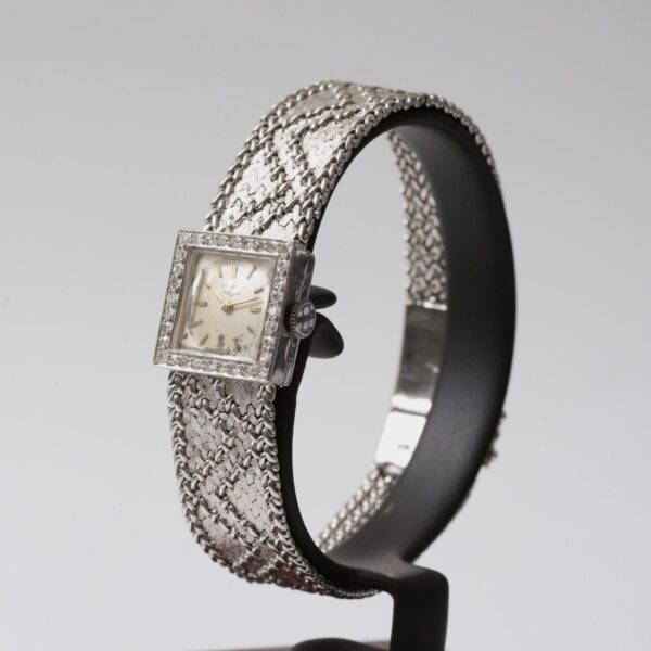 Longines Square Vintage 18k White Gold Bracelet Diamond Bezel 60s Circa