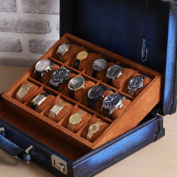 Bosphorus Leather Watch Collector Case Blue For 15 Watches