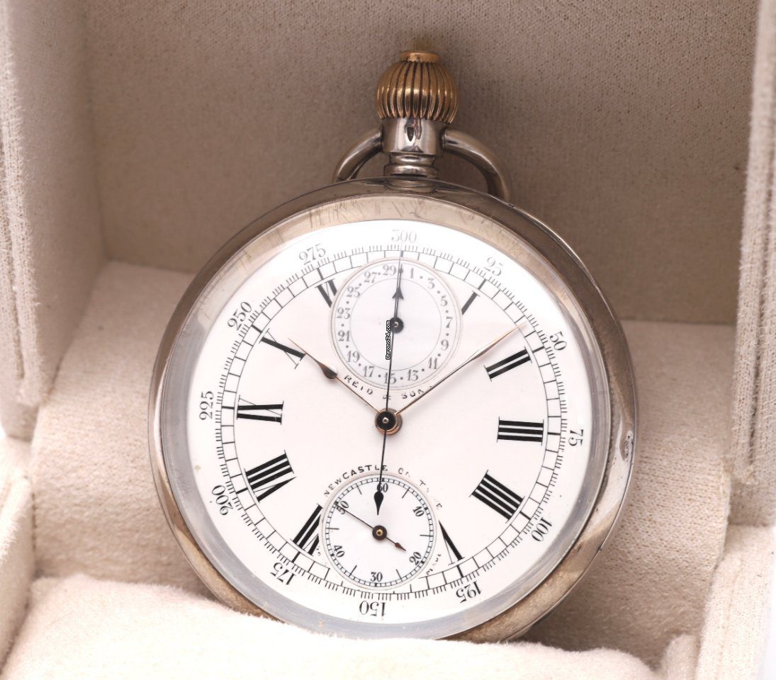Reid & Sons Chronograph Silver Rare 1900s Pocket Watch with OMEGA Movement