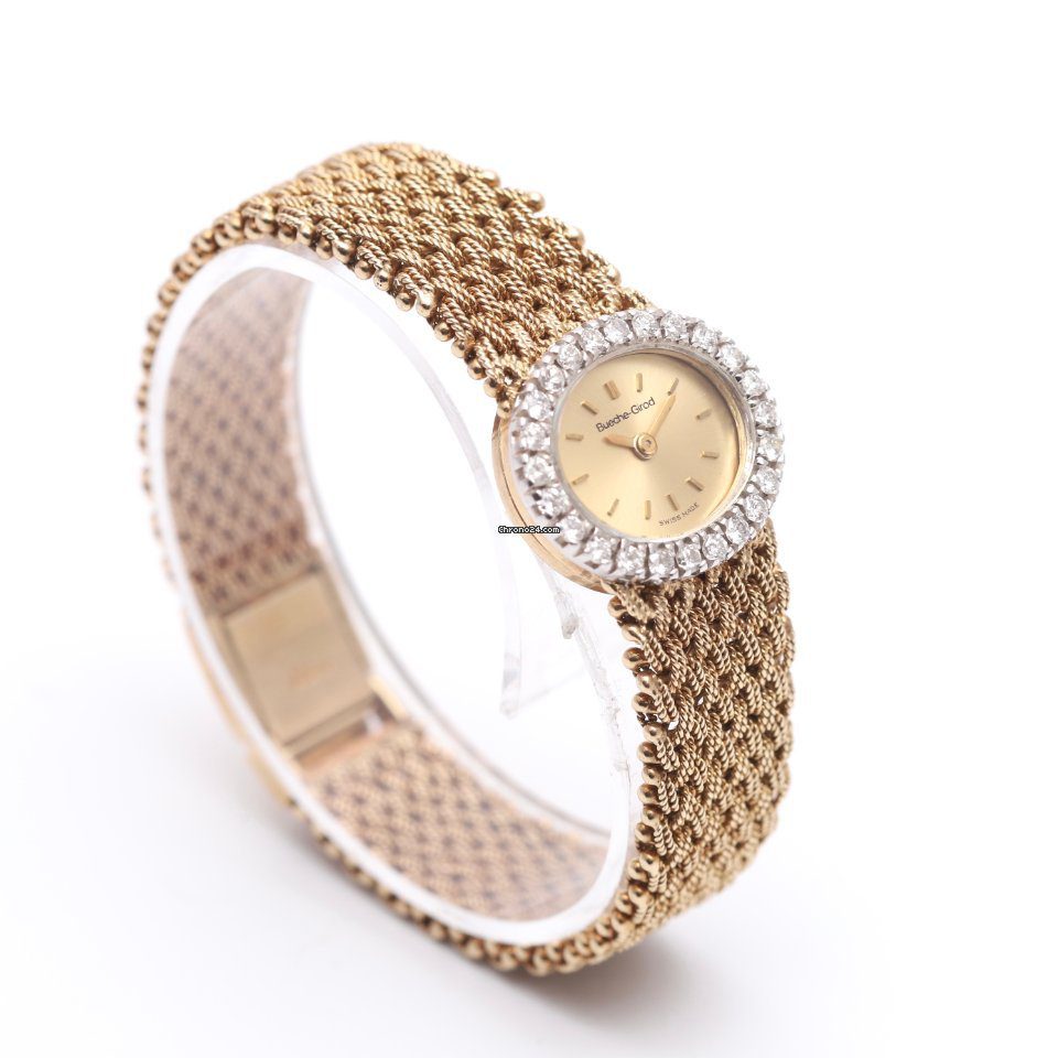 Bueche Girod Vintage 9ct Yellow Gold Diamond Bezel 1970s Manual Wind Watch