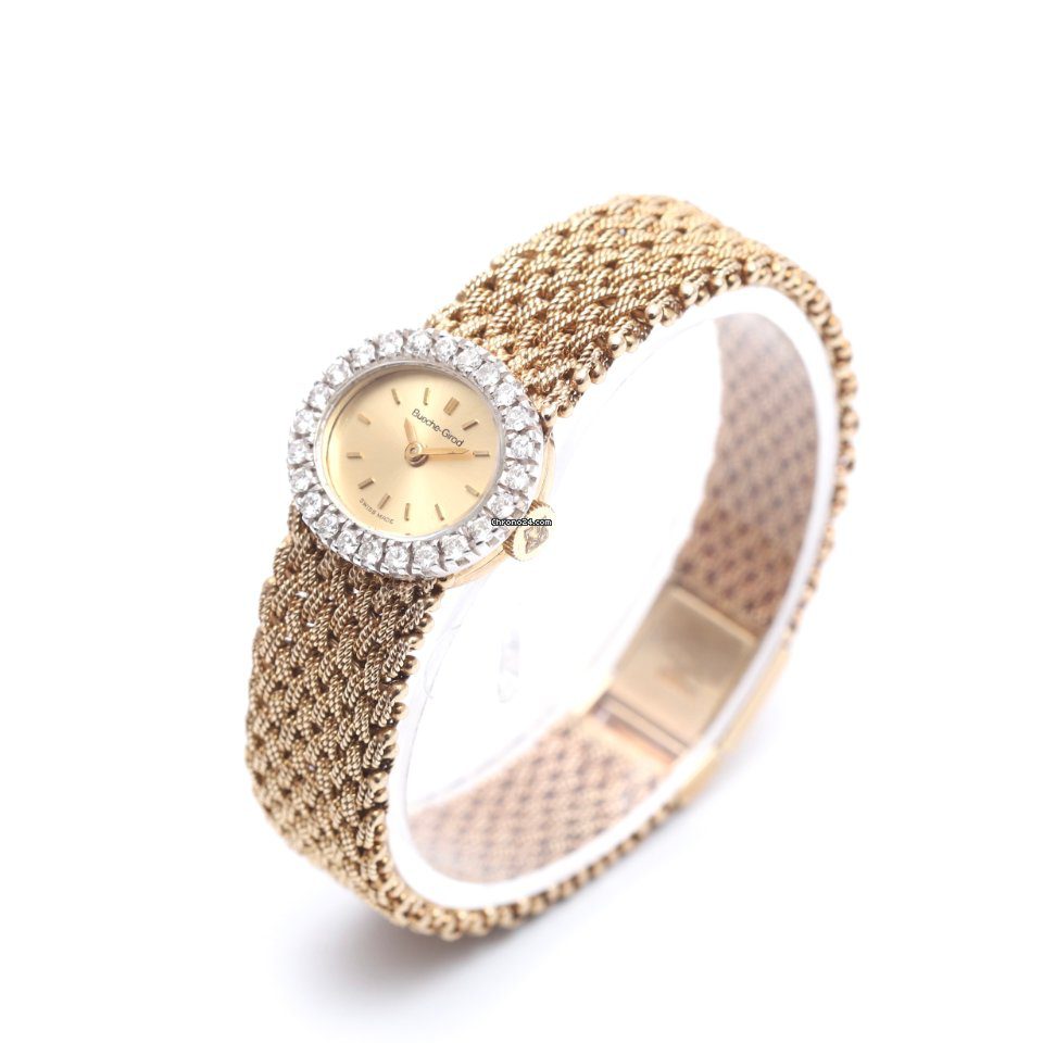 Bueche Girod Vintage 9ct Yellow Gold Diamond Bezel 1970s Manual Wind Watch