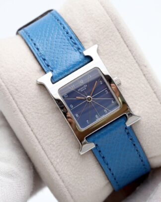 Hermès H Watch Stainless Steel Dark Blue Leather Strap 21mm Quartz-Unworn Watch