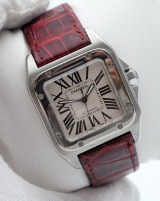 Cartier Santos 100 White Dial Leather Strap 2878 2005 33mm Mens Watch
