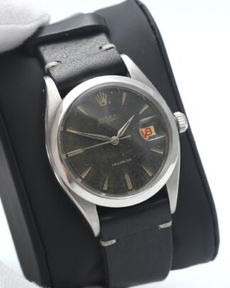 Rolex Oysterdate Precision Black Gilt Dial Roulette Date Vintage 6494 Mens Watch