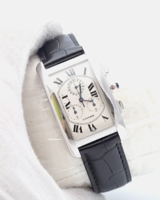 Cartier Tank Americane 18K White Gold 2312 Chronograph 26x45mm Men's Watch