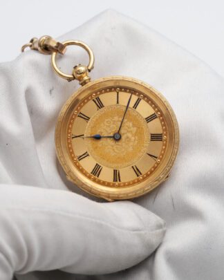 J.W. Benson 18ct Gold Pocket Watch With Original Key & 9ct gold Chain
