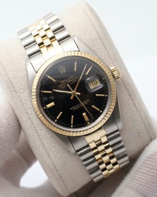 Rolex Datejust 36mm Black Dial 18K 16013 Gold Fluted Bezel Jubilee Men's Watch