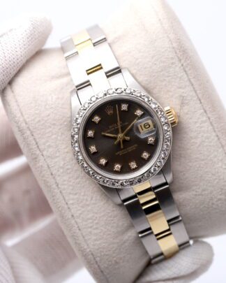 Rolex Oyster Perpetual Date 69173 Brown Dial With Diamond Bezel Women’ s Watch