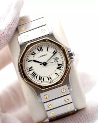 Cartier Santos Octagon 2966 18ct Gold & Steel 30mm White Dial Women' s Watch
