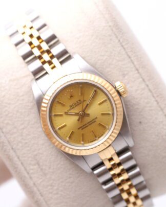 Rolex Oyster Perpetual 26mm 67193 Gold Dial Fluted Bezel Jubilee Women’s Watch